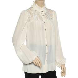 Pre Owned Dolce & Gabbana Cream Silk & Lace Paneled Ruffled Neck Shirt M