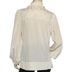 Pre Owned Dolce & Gabbana Cream Silk & Lace Paneled Ruffled Neck Shirt M