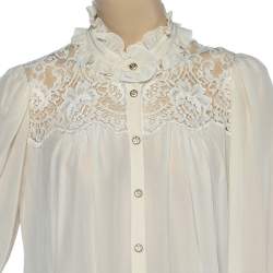 Pre Owned Dolce & Gabbana Cream Silk & Lace Paneled Ruffled Neck Shirt M