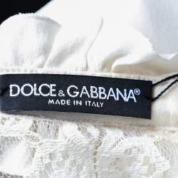 Pre Owned Dolce & Gabbana Cream Silk & Lace Paneled Ruffled Neck Shirt M