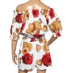 Dolce & Gabbana White Cookie & Floral Print Cotton Off-Shoulder Jumpsuit M
