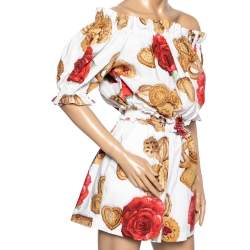 Dolce & Gabbana White Cookie & Floral Print Cotton Off-Shoulder Jumpsuit M