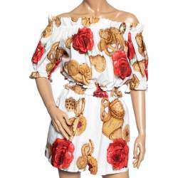 Dolce & Gabbana White Cookie & Floral Print Cotton Off-Shoulder Jumpsuit M