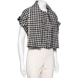 Pre Owned Dolce & Gabbana White & Black Houndstooth Wool Ruffled Sleeves Jacket M