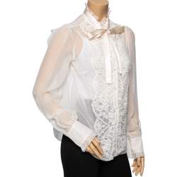 Pre Owned Dolce & Gabbana White Silk & Lace Ruffle Trimmed Button Front Shirt L