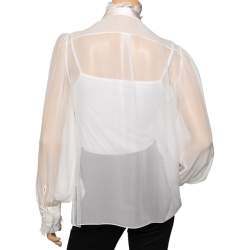Pre Owned Dolce & Gabbana White Silk & Lace Ruffle Trimmed Button Front Shirt L