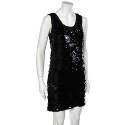 Pre Owned Dolce & Gabbana Black Sequin Embellished Tulle Trim Detail Sleeveless Sheath Dress M