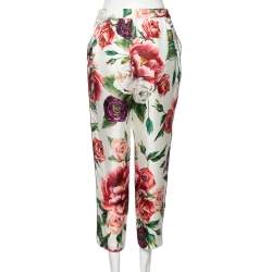 Pre Owned Dolce & Gabbana White Floral Printed Silk Tapered Pants M