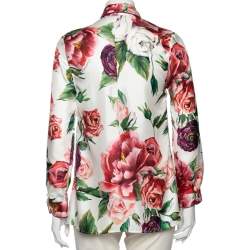 Pre Owned Dolce & Gabbana White Floral Printed Silk Button Front Shirt M 