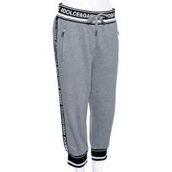 Pre Owned Dolce & Gabbana Grey Cotton Logo Trimmed Cropped Track Pants M