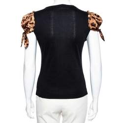 Pre Owned Dolce & Gabbana Black Satin & Animal Printed Satin V-Neck T-Shirt S