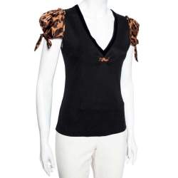 Pre Owned Dolce & Gabbana Black Satin & Animal Printed Satin V-Neck T-Shirt S