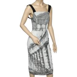 Dolce & Gabbana Monochrome Temple Printed Crepe Sleeveless Midi Dress S