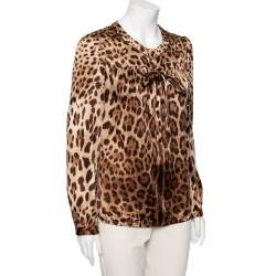 Pre Owned Dolce & Gabbana Brown Leopard Print Silk Bow Tie Top M