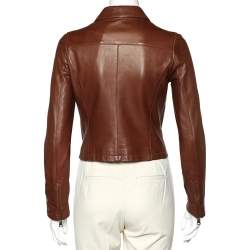 Pre Owned Dolce & Gabbana Brown Leather Zip Front Cropped Jacket S
