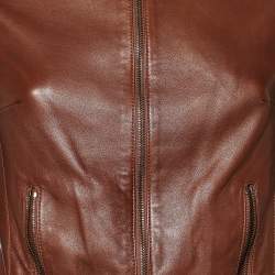 Pre Owned Dolce & Gabbana Brown Leather Zip Front Cropped Jacket S