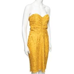 Pre Owned Dolce & Gabbana Yellow Lace Ruched Strapless Dress L