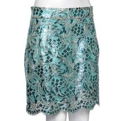 Pre Owned Dolce & Gabbana Metallic Blue Floral Lace Mini Skirt L