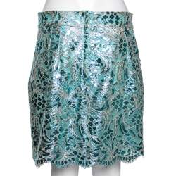 Pre Owned Dolce & Gabbana Metallic Blue Floral Lace Mini Skirt L