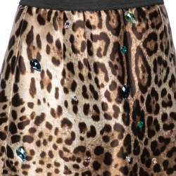 Pre Owned Dolce & Gabbana Brown Leopard Printed Silk Crystal Embellished Mini Skirt M