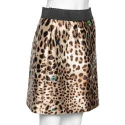 Pre Owned Dolce & Gabbana Brown Leopard Printed Silk Crystal Embellished Mini Skirt M