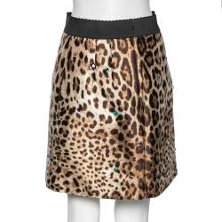 Pre Owned Dolce & Gabbana Brown Leopard Printed Silk Crystal Embellished Mini Skirt M