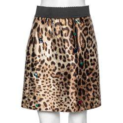 Pre Owned Dolce & Gabbana Brown Leopard Printed Silk Crystal Embellished Mini Skirt M