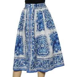 Pre Owned تنورة دولتشي أند غابانا بطيات مطبوعة رسوم قطن زرقاء مقاس M