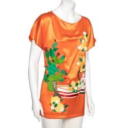 Pre Owned Dolce & Gabbana Orange Silk Lemon Crystal Applique Embellished Top M