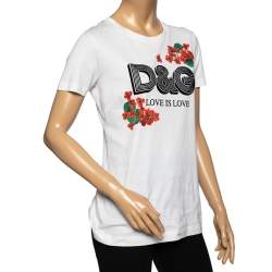 Pre Owned Dolce & Gabbana White Cotton Flocked Logo Detailed T-Shirt M