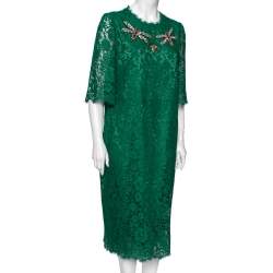 Pre Owned Dolce & Gabbana Green Lace Dragon Fly Embellished Midi Dress XL