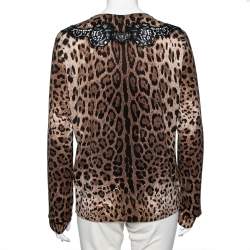 Pre Owned Dolce & Gabbana Brown Leopard Print Wool Lace Paneled Button Front Cardigan XL