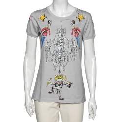 Pre Owned Dolce & Gabbana Grey Printed Cotton Crew Neck Short Sleeve Top M