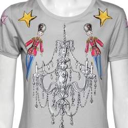 Pre Owned Dolce & Gabbana Grey Printed Cotton Crew Neck Short Sleeve Top M