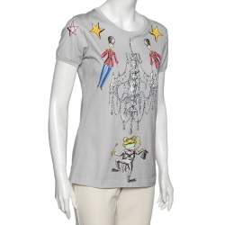 Pre Owned Dolce & Gabbana Grey Printed Cotton Crew Neck Short Sleeve Top M