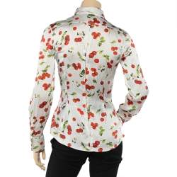 Pre Owned Dolce & Gabbana White Cherry Printed Silk Satin Button Front Shirt M