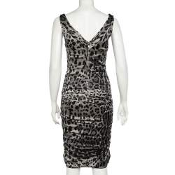 Pre Owned Dolce & Gabbana Grey Leopard Printed Silk Ruched Dress S