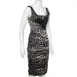 Pre Owned Dolce & Gabbana Grey Leopard Printed Silk Ruched Dress S