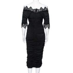 Pre Owned Dolce & Gabbana Black Silk Lace Trimmed Ruched Midi Dress M 