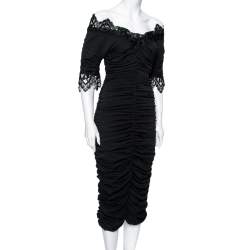 Pre Owned Dolce & Gabbana Black Silk Lace Trimmed Ruched Midi Dress M 