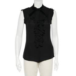 Pre Owned D&G Black Sheer Silk Ruffled Neck Sleeveless Blouse S