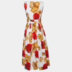 Pre Owned Dolce & Gabbana White Cotton Rose Biscuit Print Midi Dress S