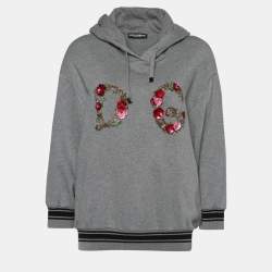 Dolce & Gabbana Grey Terry Knit Floral Logo Hoodie M