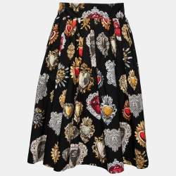 Pre Owned Dolce & Gabbana Black Sacred Heart Print Cotton Pleated Skirt M