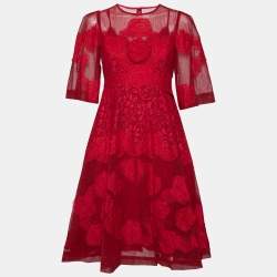 Pre Owned Dolce & Gabbana Red Tulle & lace Trimmed Flared Dress M