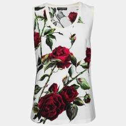 Pre Owned Dolce & Gabbana White Rose Printed Cotton Sleeveless Top S