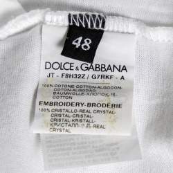 Pre Owned Dolce & Gabbana White Cotton Heart Printed and Embellished Crew Neck Top L