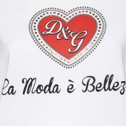 Pre Owned Dolce & Gabbana White Cotton Heart Printed and Embellished Crew Neck Top L