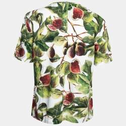 Pre Owned Dolce & Gabbana White and Green Fig Printed Cotton Crew Neck Top M