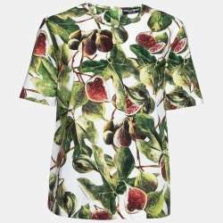 Pre Owned Dolce & Gabbana White and Green Fig Printed Cotton Crew Neck Top M